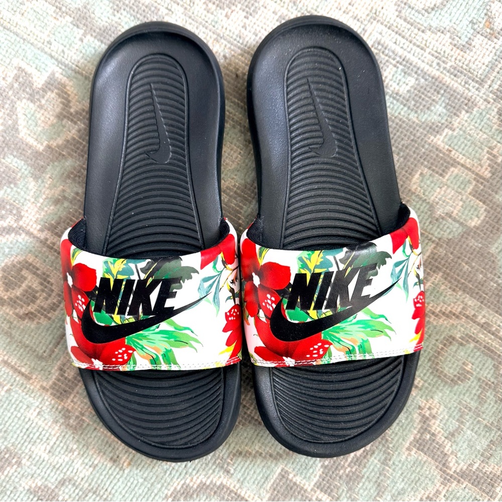 Nike Black Slides with White Floral-Strap Accents